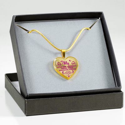 MY LITTLE GIRL YESTERDAY - FRIEND TODAY - DAUGHTER FOREVER - GOLD FINISHED HEART NECKLACE (HOT PINK ON TRANSPARENT) - podprintz.com