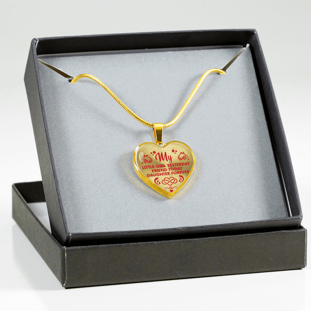 MY LITTLE GIRL YESTERDAY - FRIEND TODAY - DAUGHTER FOREVER - GOLD FINISHED HEART NECKLACE (RED ON TRANSPARENT) - podprintz.com