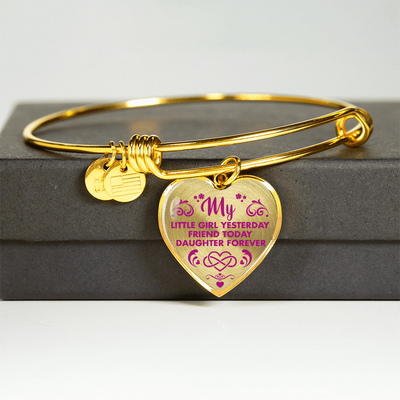 MY LITTLE GIRL YESTERDAY - FRIEND TODAY - DAUGHTER FOREVER - GOLD FINISHED HEART BANGLE BRACELET (HOT PINK ON TRANSPARENT) - podprintz.com