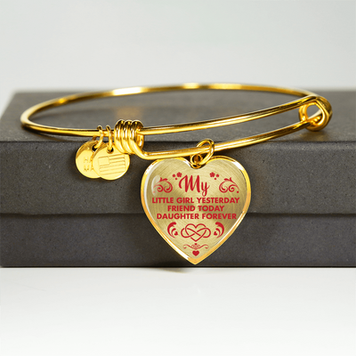 MY LITTLE GIRL YESTERDAY - FRIEND TODAY - DAUGHTER FOREVER - (RED ON TRANSPARENT) - GOLD FINISHED HEART BANGLE BRACELET - podprintz.com