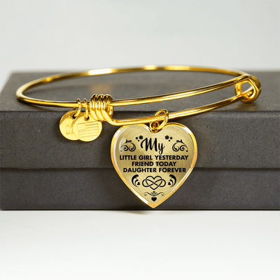 MY LITTLE GIRL YESTERDAY - FRIEND TODAY - DAUGHTER FOREVER - GOLD FINISHED HEART BANGLE BRACELET (BLACK ON TRANSPARENT) - podprintz.com