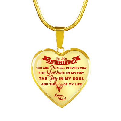 MY DAUGHTER YOU ARE PRECIOUS, SUNSHINE, JOY LOVE DAD - SILVER AND GOLD FINISHED HEART SHAPED NECKLACE (RED ON TRANSPARENT) - podprintz.com