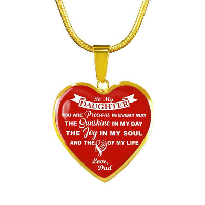 MY DAUGHTER YOU ARE PRECIOUS, SUNSHINE, JOY LOVE DAD - SILVER AND GOLD FINISHED HEART SHAPED NECKLACE AND BANGLE BRACELET (WHITE ON RED) EO - podprintz.com