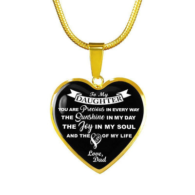 MY DAUGHTER YOU ARE PRECIOUS, SUNSHINE, JOY LOVE DAD - SILVER AND GOLD FINISHED HEART SHAPED NECKLACE AND BANGLE BRACELET (WHITE ON BLACK) EO - podprintz.com