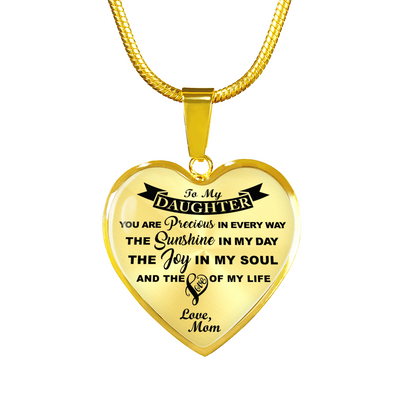 MY DAUGHTER YOU ARE PRECIOUS, SUNSHINE, JOY LOVE MOM - SILVER AND GOLD FINISHED HEART SHAPED NECKLACE (BLACK ON TRANSPARENT) - podprintz.com