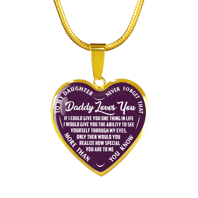 My Daughter, Never Forget, Daddy Loves You Silver or Gold Finished Necklace (White on Purple) - podprintz.com