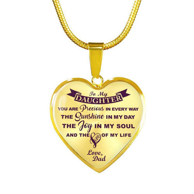 MY DAUGHTER YOU ARE PRECIOUS, SUNSHINE, JOY LOVE DAD - SILVER AND GOLD FINISHED HEART SHAPED NECKLACE AND BANGLE BRACELET (PURPLE ON TRANSPARENT) EO - podprintz.com