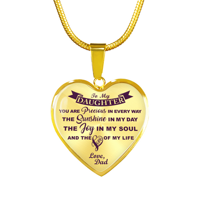 MY DAUGHTER YOU ARE PRECIOUS, SUNSHINE, JOY LOVE DAD - SILVER AND GOLD FINISHED HEART SHAPED NECKLACE (PURPLE ON TRANSPARENT) - podprintz.com