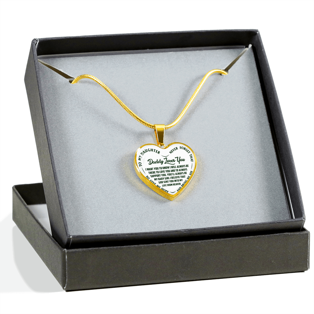 I'll Always Be There, Daddy Loves You, Silver or Gold Heart Shaped Necklace (Green on White) - podprintz.com