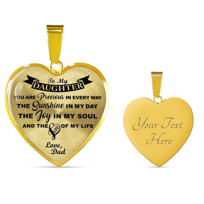 MY DAUGHTER YOU ARE PRECIOUS, SUNSHINE, JOY LOVE DAD - SILVER AND GOLD FINISHED HEART SHAPED NECKLACE AND BANGLE BRACELET (BLACK ON TRANSPARENT) EO - podprintz.com