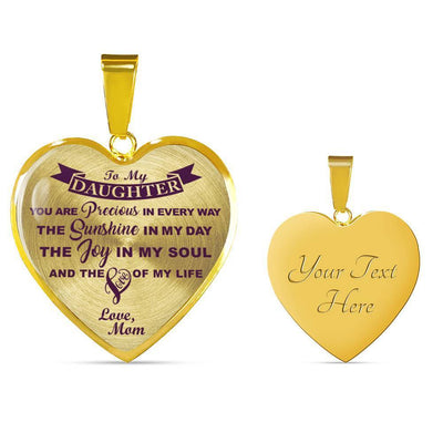 MY DAUGHTER YOU ARE PRECIOUS, SUNSHINE, JOY LOVE MOM - SILVER AND GOLD FINISHED HEART SHAPED NECKLACE AND BANGLE BRACELET (PURPLE ON TRANSPARENT) EO - podprintz.com