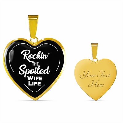 ROCKIN' THE SPOILED, WIFE LIFE - SILVER AND GOLD FINISHED HEART SHAPED BANGLE BRACELET AND NECKLACE (WHITE TEXT ON BLACK) EO - podprintz.com