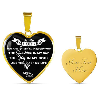 MY DAUGHTER YOU ARE PRECIOUS, SUNSHINE, JOY LOVE DAD - SILVER AND GOLD FINISHED HEART SHAPED NECKLACE AND BANGLE BRACELET (WHITE ON BLACK) EO - podprintz.com