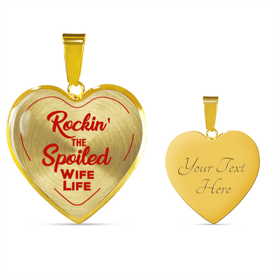 ROCKIN' THE SPOILED, WIFE LIFE - SILVER AND GOLD FINISHED HEART SHAPED BANGLE BRACELET AND NECKLACE (RED TEXT ON TRANSPARENT) EO - podprintz.com
