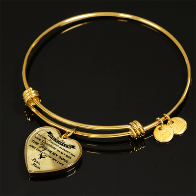 MY DAUGHTER YOU ARE PRECIOUS, SUNSHINE, JOY LOVE MOM - SILVER AND GOLD FINISHED HEART SHAPED BANGLE BRACELET (BLACK ON TRANSPARENT) - podprintz.com