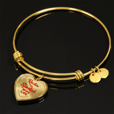 ROCKIN' THE SPOILED, WIFE LIFE - SILVER AND GOLD FINISHED HEART SHAPED BANGLE BRACELET (RED TEXT ON TRANSPARENT) - podprintz.com