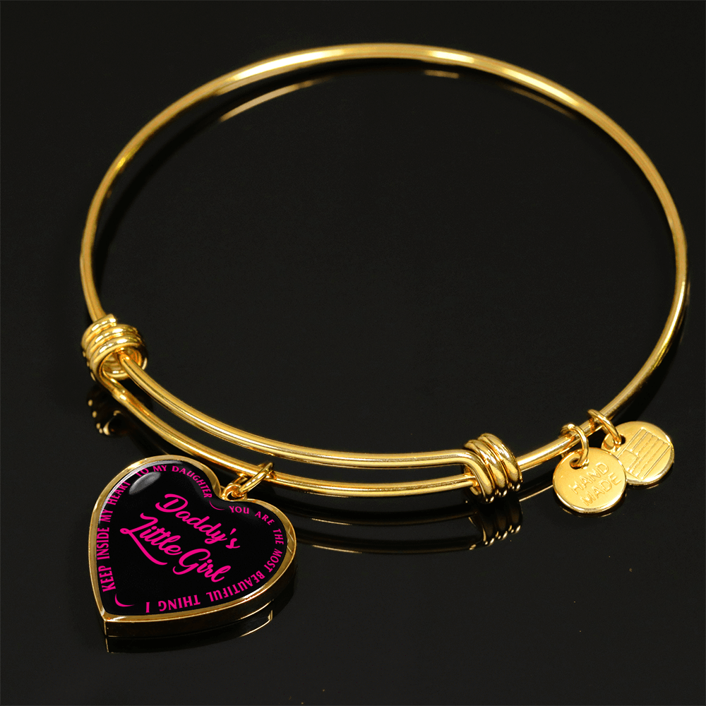 Daddy's Little Girl Gold or Silver Finished Heart Shaped Bangle Bracelet (Pink on Black) - podprintz.com