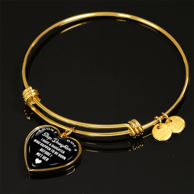 I DON'T HAVE A STEPDAUGHTER, BORN BEFORE I MET HER, SILVER OR GOLD FINISHED HEART SHAPED BANGLE BRACELET (WHITE ON BLACK) - podprintz.com