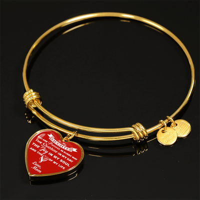 MY DAUGHTER YOU ARE PRECIOUS, SUNSHINE, JOY LOVE MOM - SILVER AND GOLD FINISHED HEART SHAPED BANGLE BRACELET (WHITE ON RED) - podprintz.com