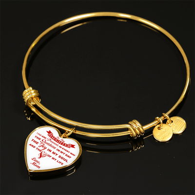 MY DAUGHTER YOU ARE PRECIOUS, SUNSHINE, JOY LOVE MOM - SILVER AND GOLD FINISHED HEART SHAPED BANGLE BRACELET (RED ON WHITE) - podprintz.com