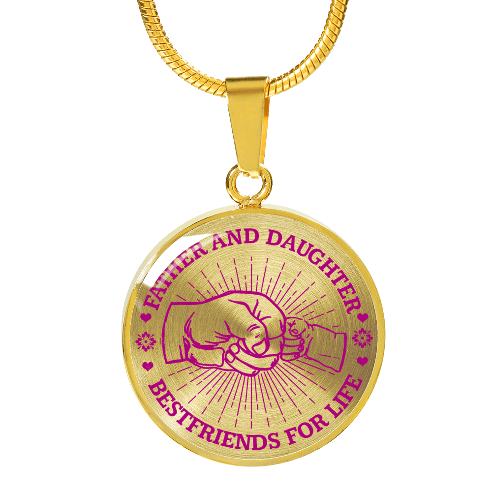FATHER DAUGHTER FIST BUMP BEST FRIENDS - (PINK ON TRANSPARENT) GOLD FINISHED CIRCLE NECKLACE - podprintz.com