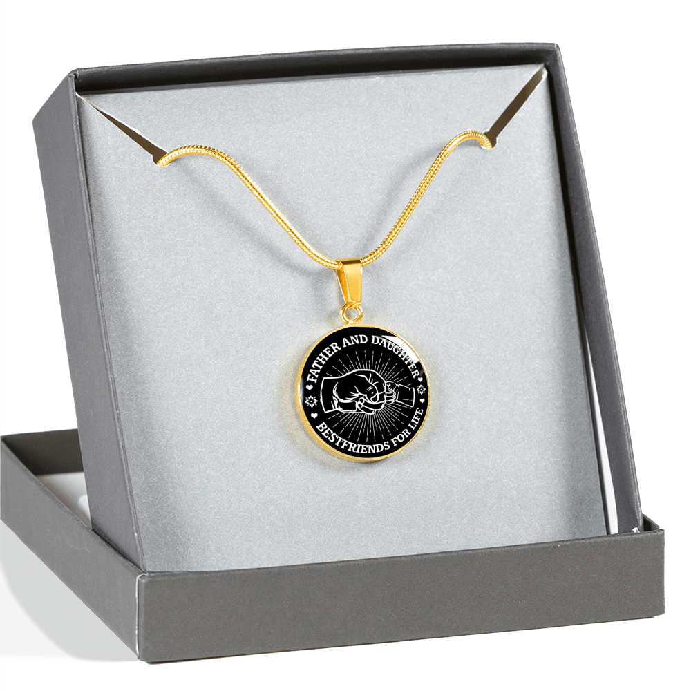FATHER DAUGHTER FIST BUMP BEST FRIENDS - (BLACK & WHITE) GOLD FINISHED CIRCLE NECKLACE - podprintz.com