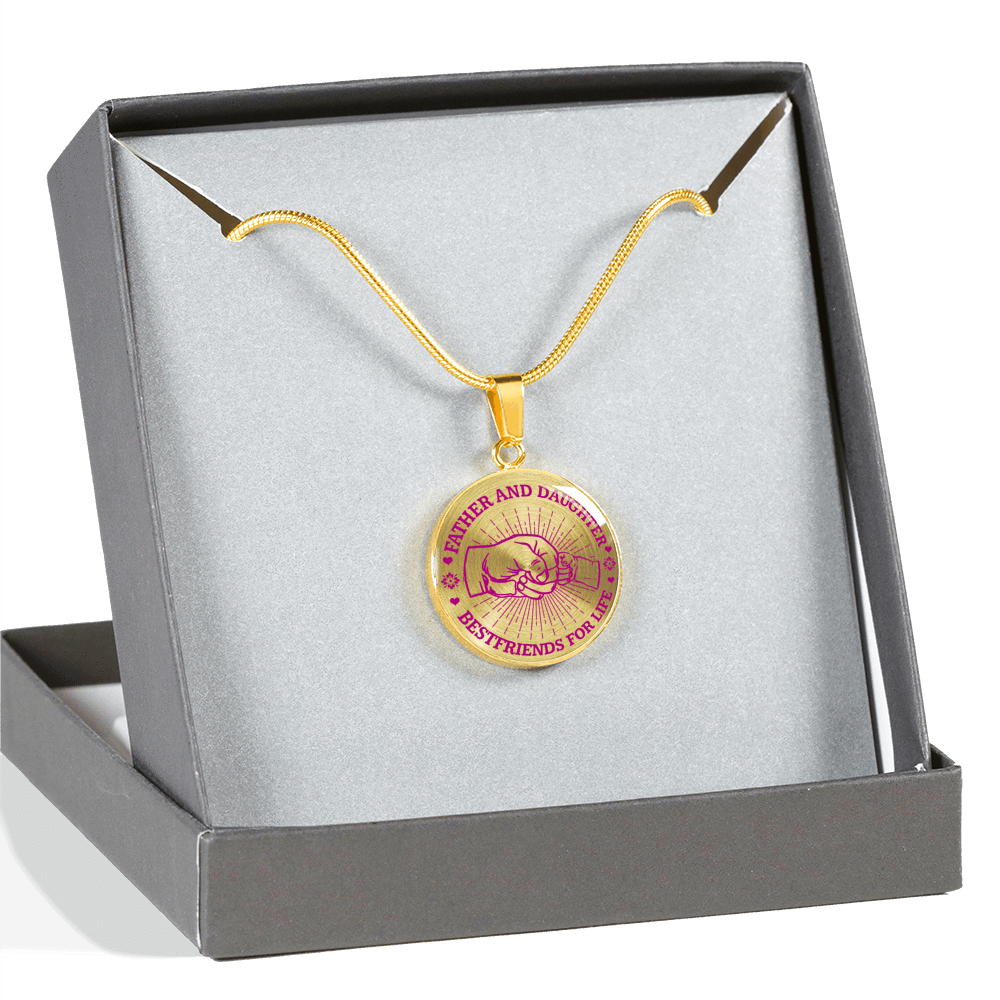 FATHER DAUGHTER FIST BUMP BEST FRIENDS - (PINK ON TRANSPARENT) GOLD FINISHED CIRCLE NECKLACE - podprintz.com