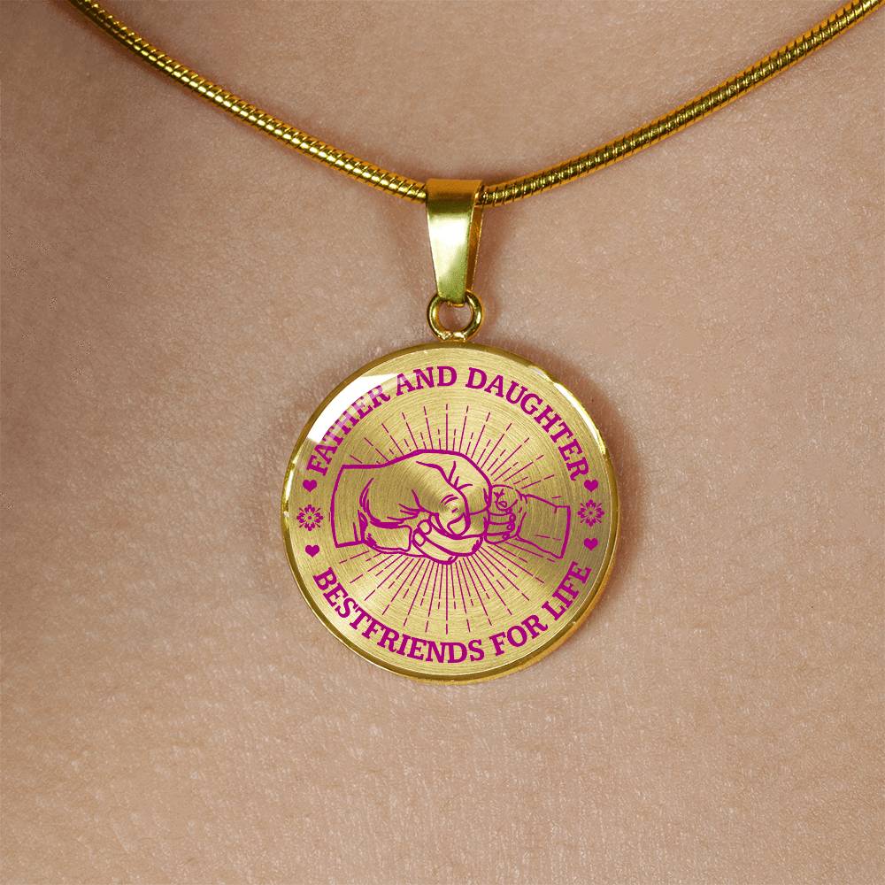 FATHER DAUGHTER FIST BUMP BEST FRIENDS - (PINK ON TRANSPARENT) GOLD FINISHED CIRCLE NECKLACE - podprintz.com