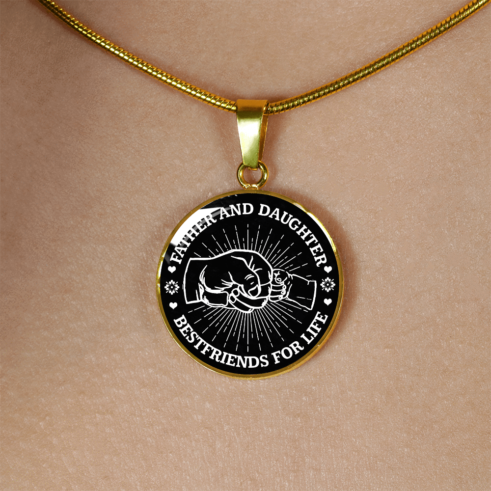 FATHER DAUGHTER FIST BUMP BEST FRIENDS - (BLACK & WHITE) GOLD FINISHED CIRCLE NECKLACE - podprintz.com