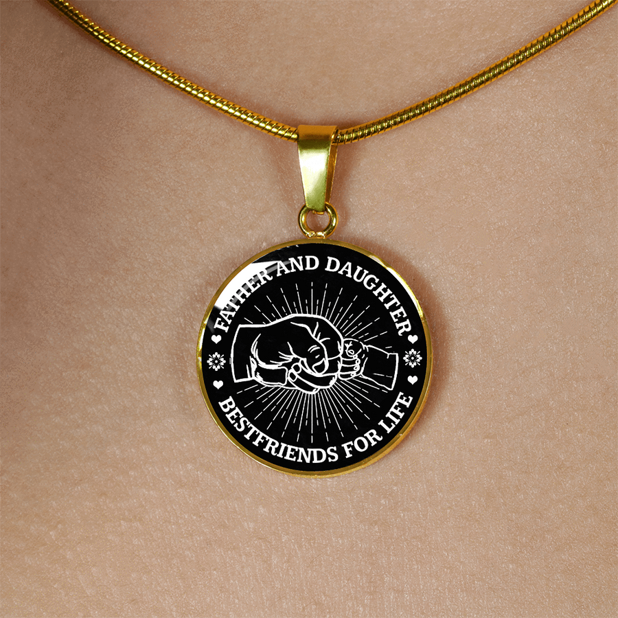 FATHER DAUGHTER FIST BUMP BEST FRIENDS - (BLACK & WHITE) GOLD FINISHED CIRCLE NECKLACE - podprintz.com