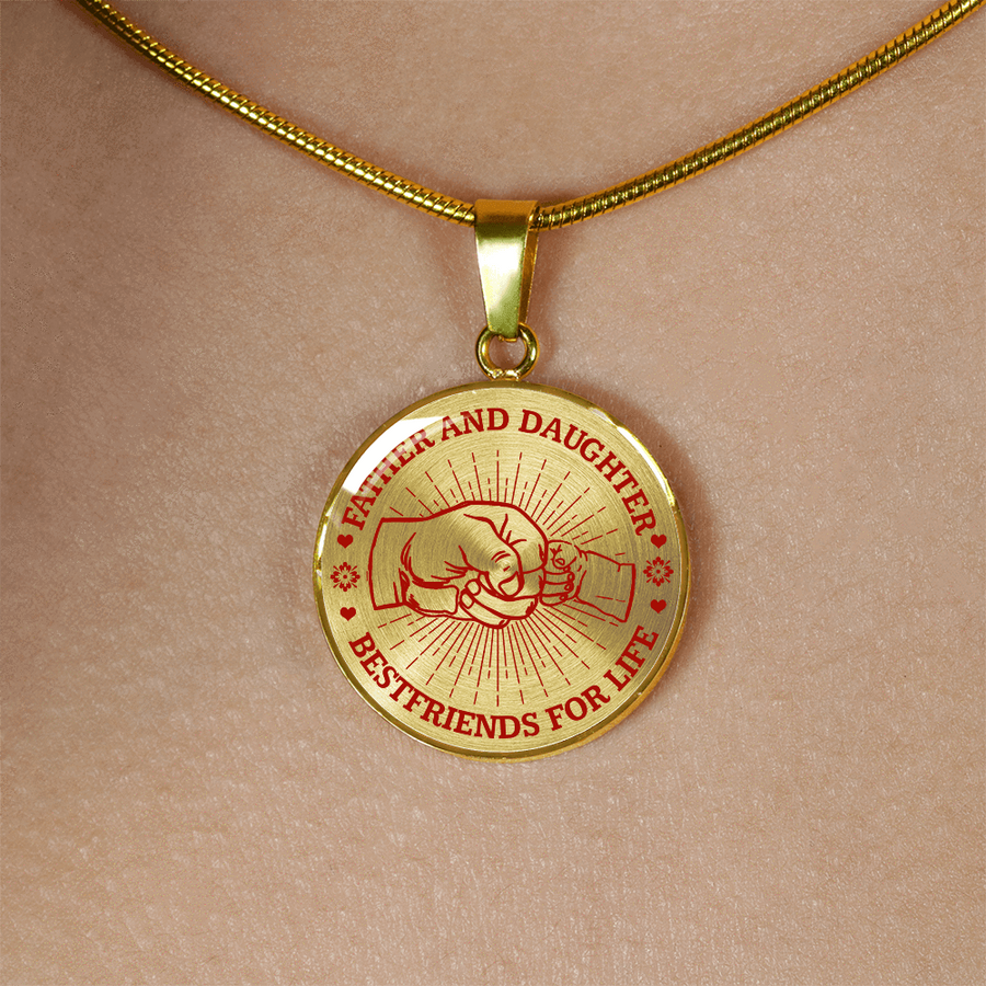 FATHER DAUGHTER FIST BUMP BEST FRIENDS - (RED ON TRANSPARENT) GOLD FINISHED CIRCLE NECKLACE - podprintz.com