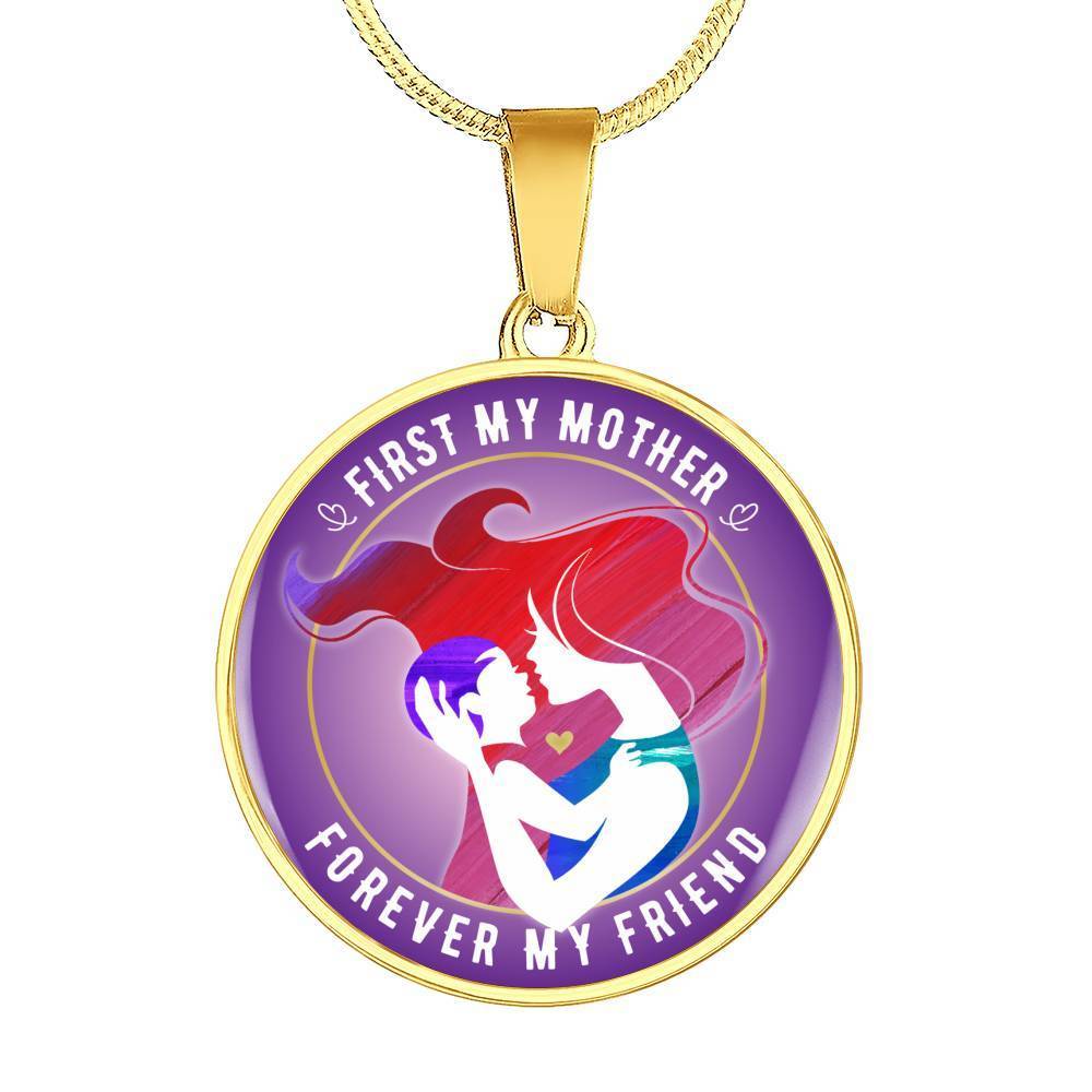 FIRST MY MOTHER, FOREVER MY FRIEND (WHITE ON PURPLE) SILVER AND GOLD FINISHED CIRCLE SHAPED NECKLACE - podprintz.com