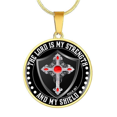 LORD IS MY STRENGTH AND MY SHIELD (RED) - SILVER AND GOLD FINISHED CIRCLE NECKLACE - podprintz.com