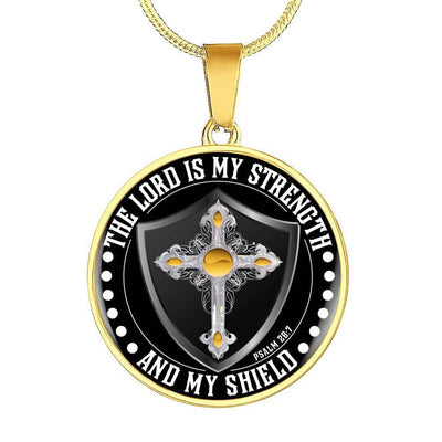 LORD IS MY STRENGTH AND MY SHIELD (YELLOW CROSS) - SILVER AND GOLD FINISHED CIRCLE NECKLACE EO - podprintz.com