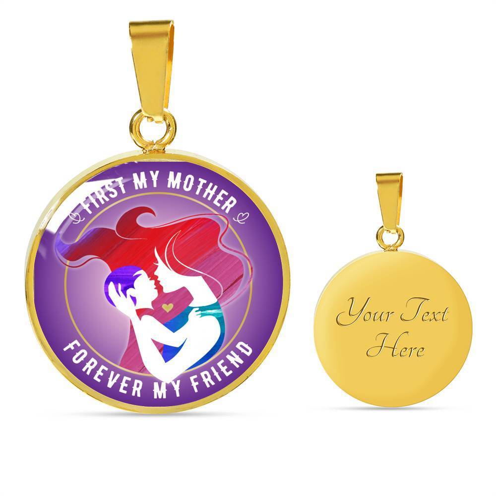 FIRST MY MOTHER, FOREVER MY FRIEND (WHITE ON PURPLE) SILVER AND GOLD FINISHED CIRCLE SHAPED NECKLACE - podprintz.com