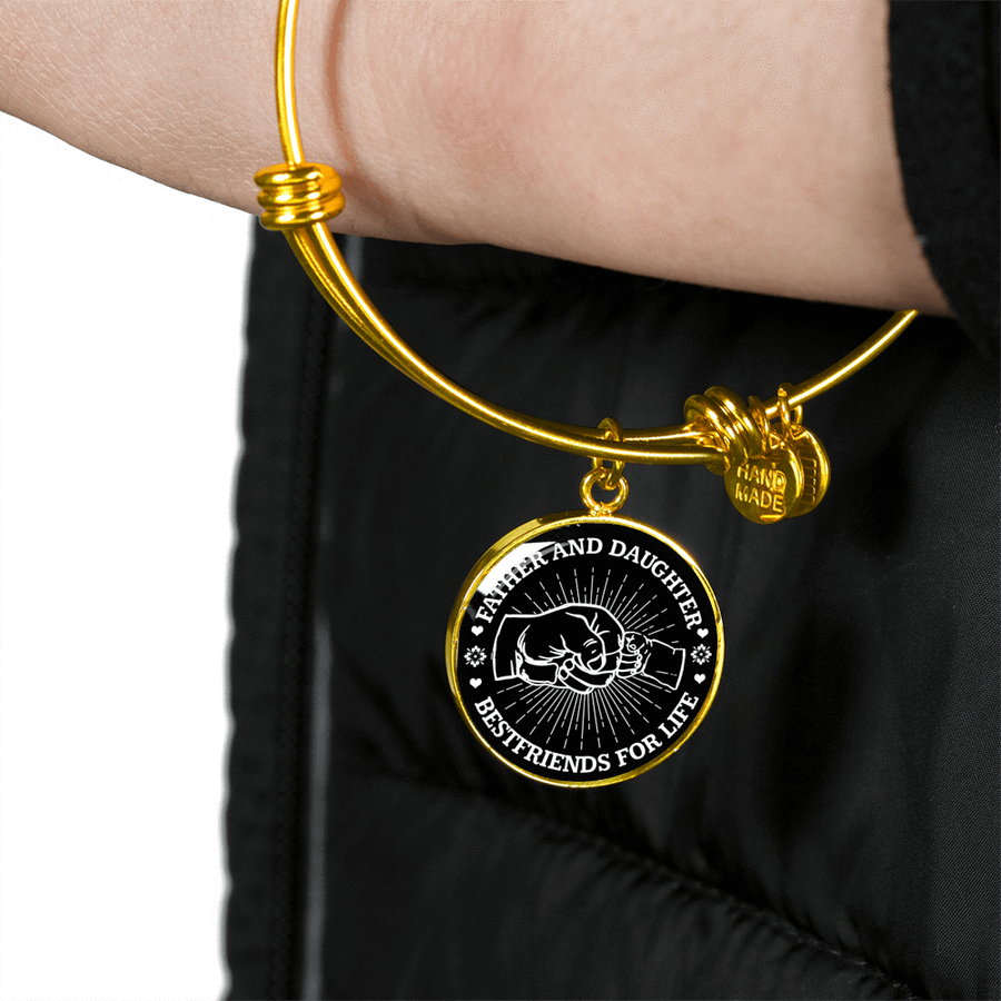 FATHER DAUGHTER FIST BUMP BEST FRIENDS - (BLACK & WHITE) GOLD FINISHED CIRCLE BANGLE BRACELET - podprintz.com