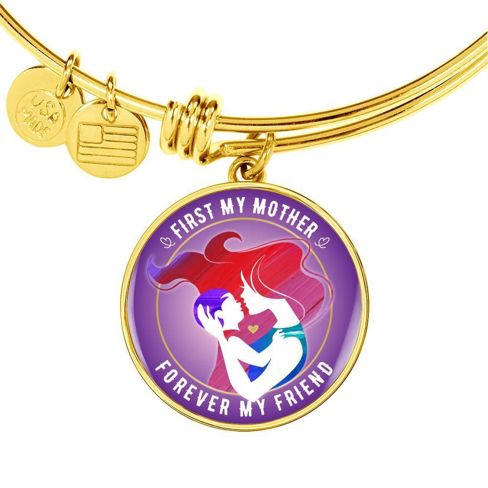 FIRST MY MOTHER, FOREVER MY FRIEND (WHITE ON PURPLE) SILVER AND GOLD FINISHED CIRCLE SHAPED NECKLACE - podprintz.com