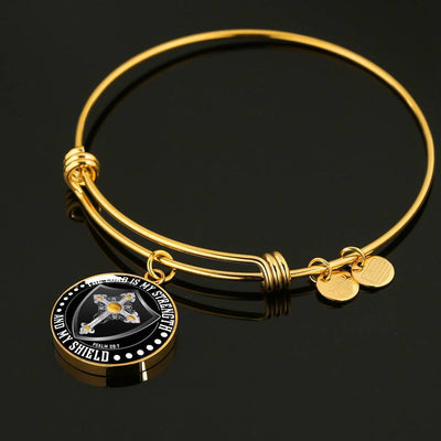 LORD IS MY STRENGTH AND MY SHIELD (YELLOW CROSS) - SILVER AND GOLD FINISHED CIRCLE BANGLE BRACELET EO - podprintz.com