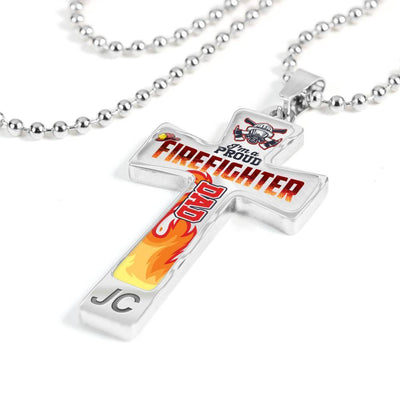 I'M A PROUD FIREFIGHTER DAD - SILVER OR GOLD CROSS SHAPED NECKLACE MILITARY BALL CHAIN (EO) - podprintz.com