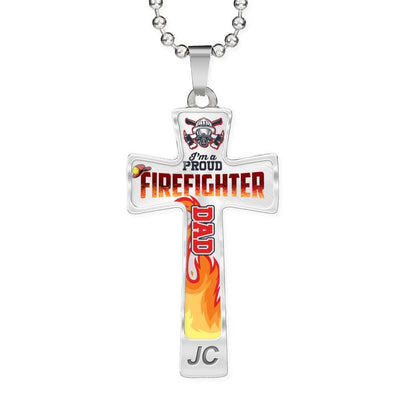 I'M A PROUD FIREFIGHTER DAD - SILVER OR GOLD CROSS SHAPED NECKLACE MILITARY BALL CHAIN (EO) - podprintz.com