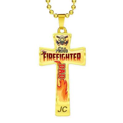 I'M A PROUD FIREFIGHTER DAD - SILVER OR GOLD CROSS SHAPED NECKLACE MILITARY BALL CHAIN (EO) - podprintz.com