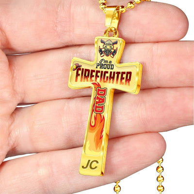 I'M A PROUD FIREFIGHTER DAD - SILVER OR GOLD CROSS SHAPED NECKLACE MILITARY BALL CHAIN (EO) - podprintz.com