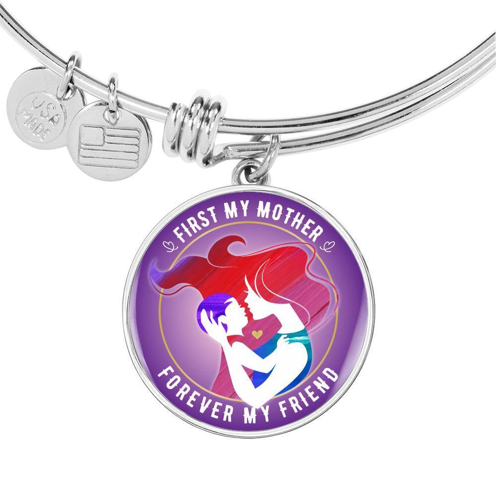 FIRST MY MOTHER, FOREVER MY FRIEND (WHITE ON PURPLE) SILVER AND GOLD FINISHED CIRCLE SHAPED NECKLACE - podprintz.com
