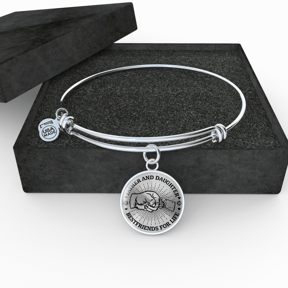 FATHER DAUGHTER FIST BUMP BEST FRIENDS - (BLACK ON TRANSPARENT) SILVER FINISHED CIRCLE BANGLE BRACELET - podprintz.com