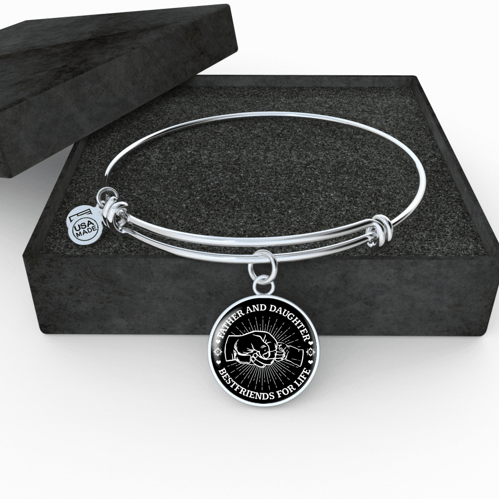 FATHER DAUGHTER FIST BUMP BEST FRIENDS - (BLACK & WHITE) SILVER FINISHED CIRCLE BANGLE BRACELET - podprintz.com