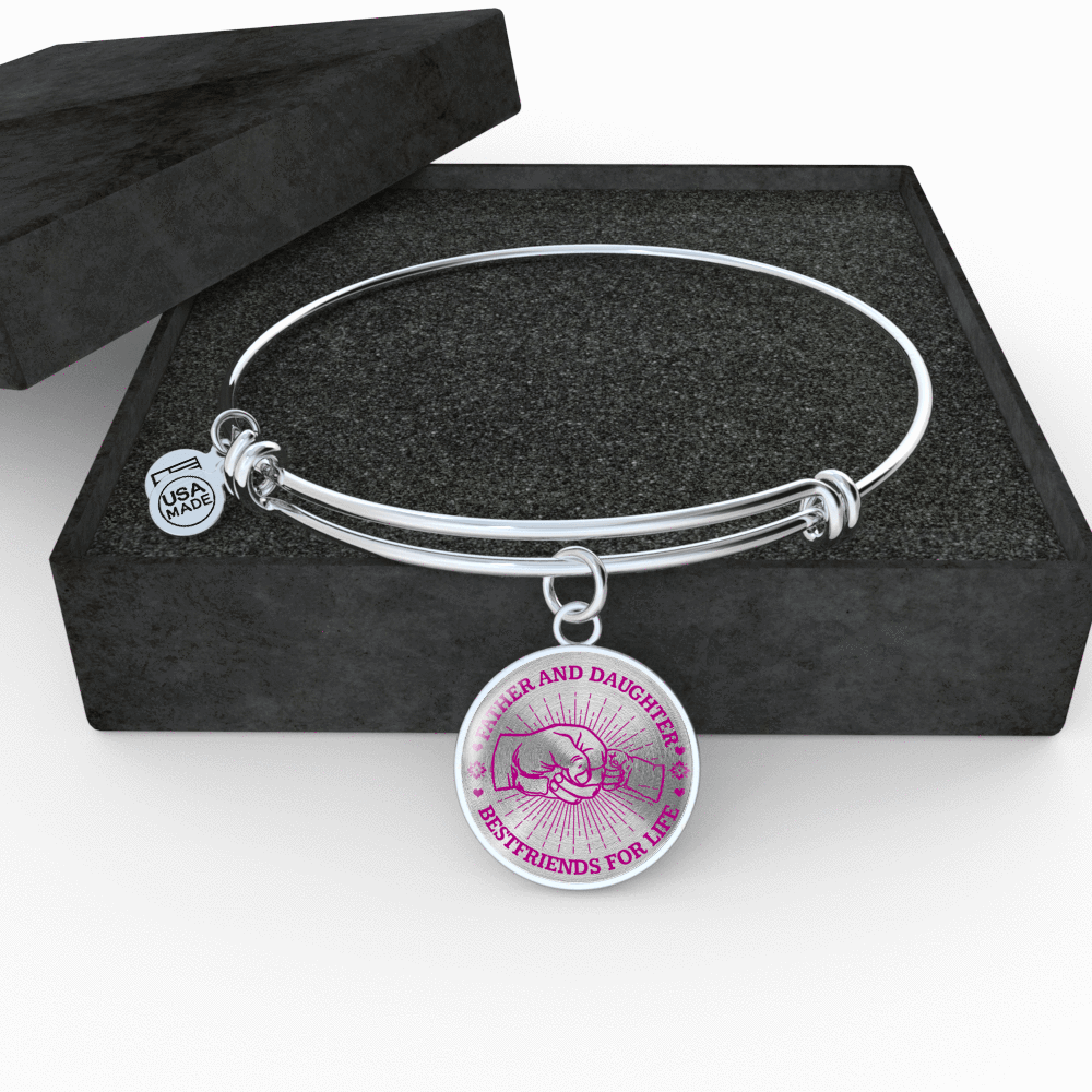 FATHER DAUGHTER FIST BUMP BEST FRIENDS - (PINK ON TRANSPARENT) SILVER FINISHED CIRCLE BANGLE BRACELET - podprintz.com