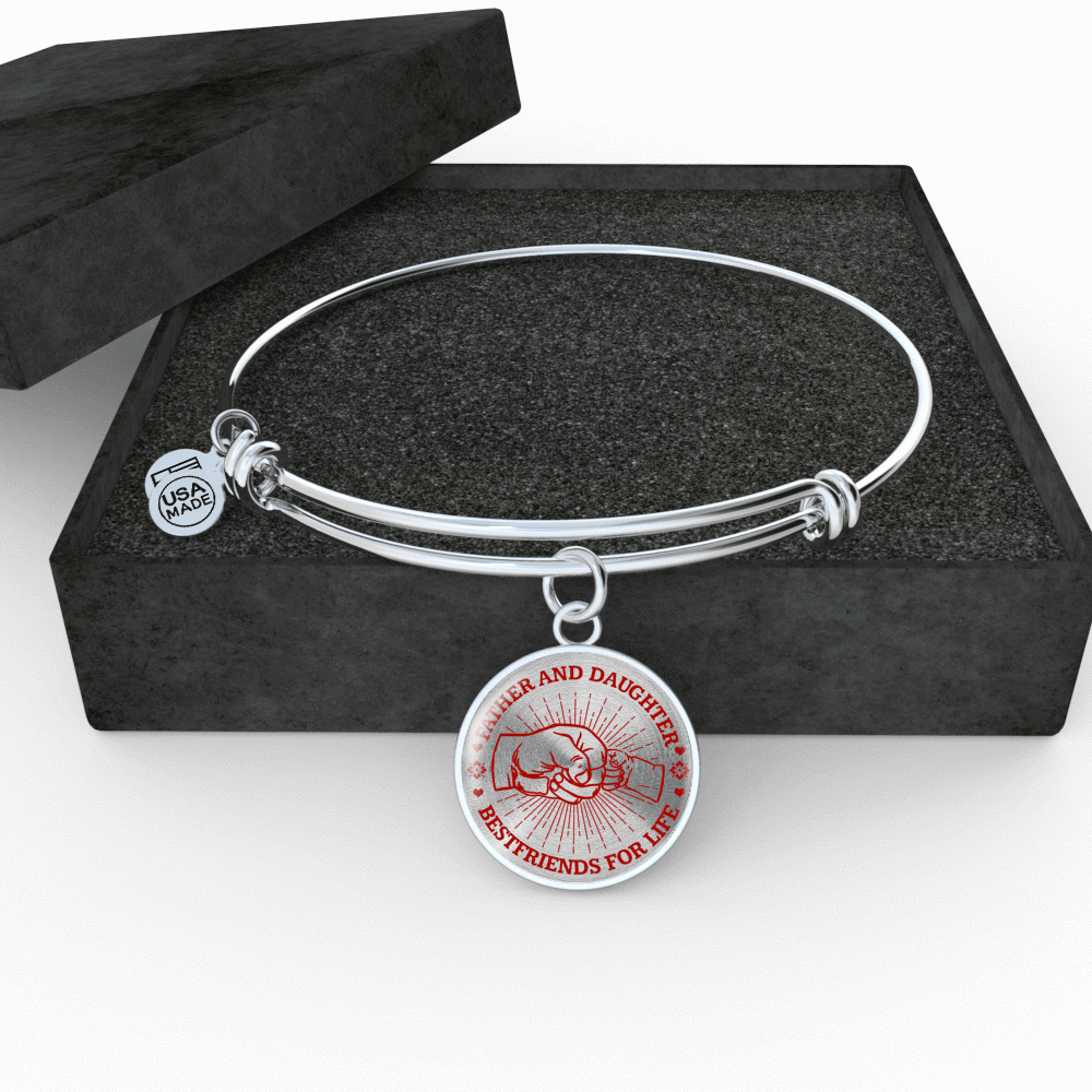 FATHER DAUGHTER FIST BUMP BEST FRIENDS - (RED ON TRANSPARENT) SILVER FINISHED CIRCLE BANGLE BRACELET - podprintz.com