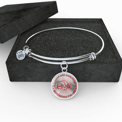 FATHER DAUGHTER FIST BUMP BEST FRIENDS - (RED ON TRANSPARENT) SILVER FINISHED CIRCLE BANGLE BRACELET - podprintz.com