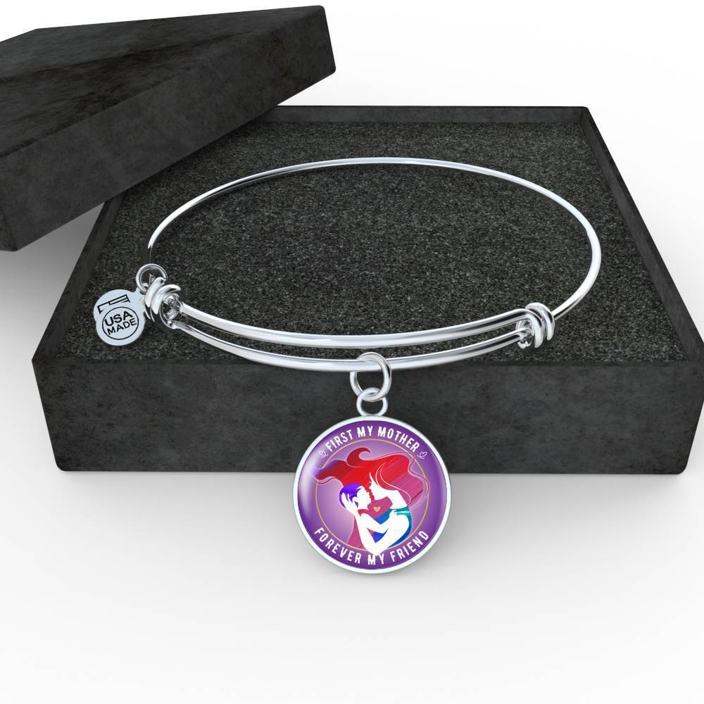 FIRST MY MOTHER, FOREVER MY FRIEND (WHITE ON PURPLE) SILVER AND GOLD FINISHED CIRCLE SHAPED NECKLACE - podprintz.com