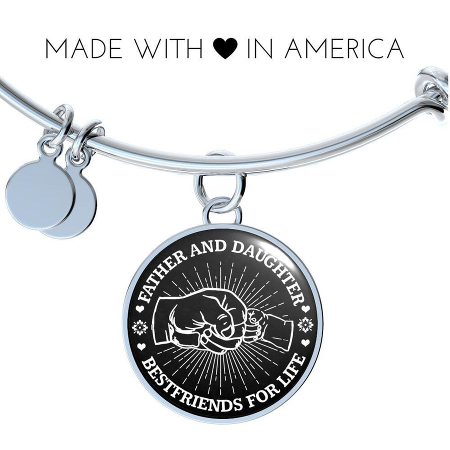 FATHER DAUGHTER FIST BUMP BEST FRIENDS - (BLACK & WHITE) SILVER FINISHED CIRCLE BANGLE BRACELET - podprintz.com